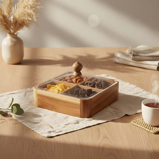 Wooden Four-Section Serving Platter with Acrylic Lid Small